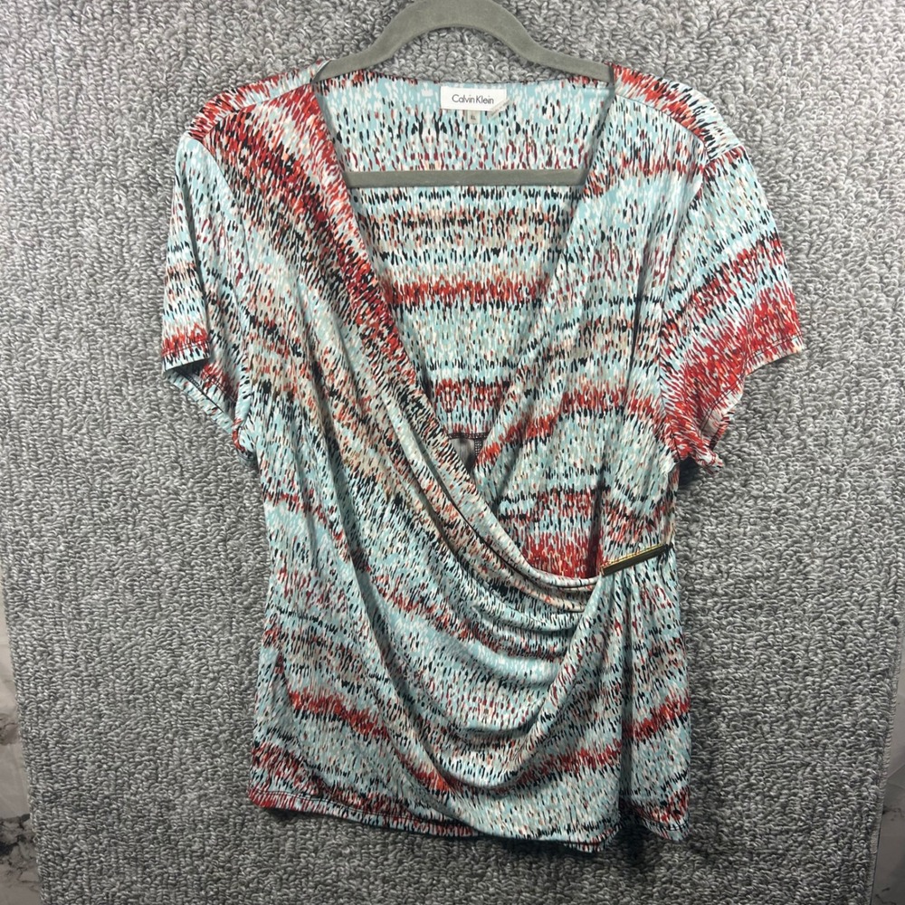 Calvin Klein Blouse Blue Orange Abstract Faux Wrap Gold Detail Womens XL